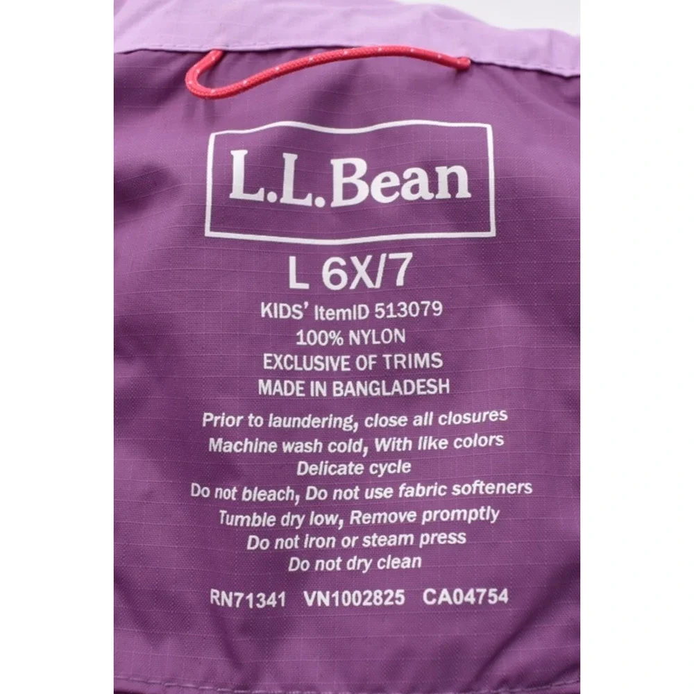LL Bean Windbreaker Full Zip Colorblock Purple Hooded Raincoat Jacket Kids 6X-7